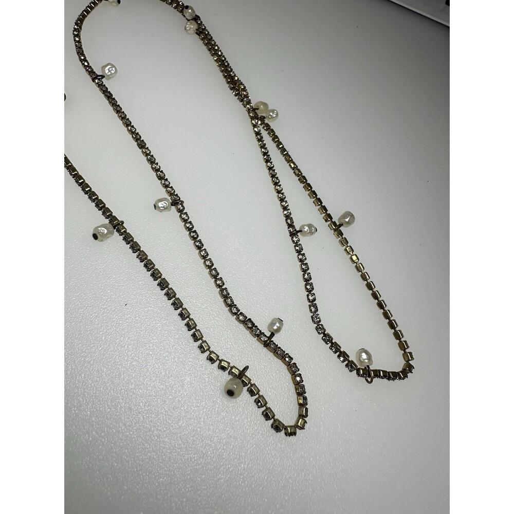 Vintage Signed Miriam Haskell 30” Necklace Pearls And Clear Crystals Gold Tone - Picture 4 of 8